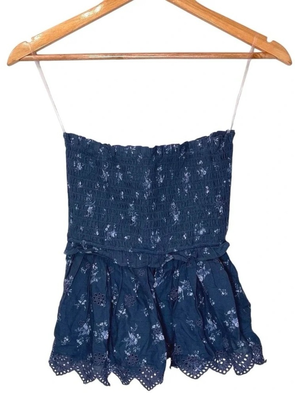Smocked Navy Floral Strapless Women's Top